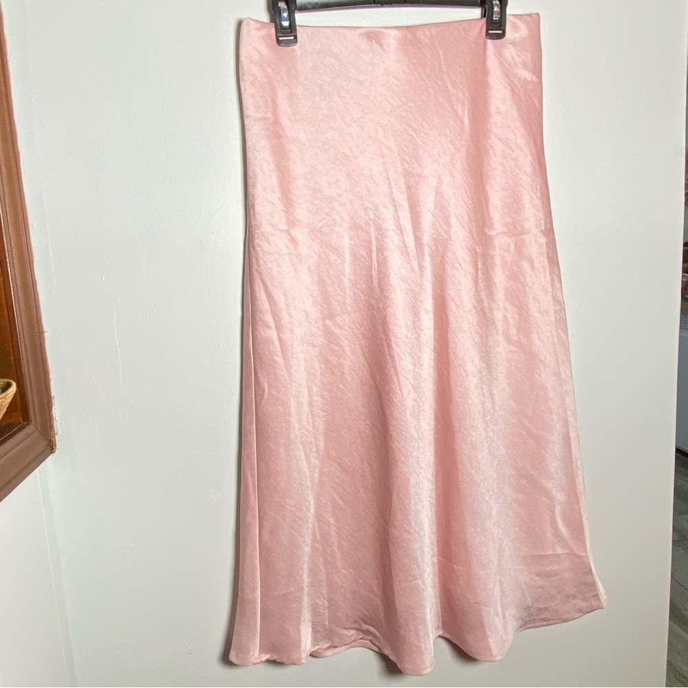 MWT Silky Pink Slip Skirt Capsule Midi Pull on  Elegant Women's Skirt L Flowy - Picture 2 of 11